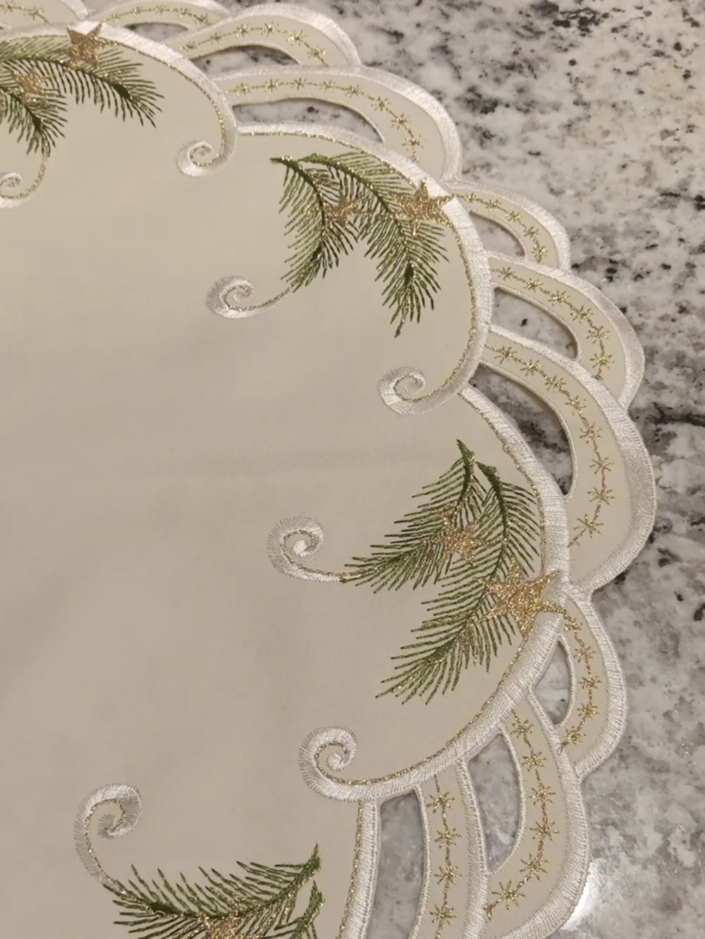 Cream Pine Branch Embroidered Round Table Accent
